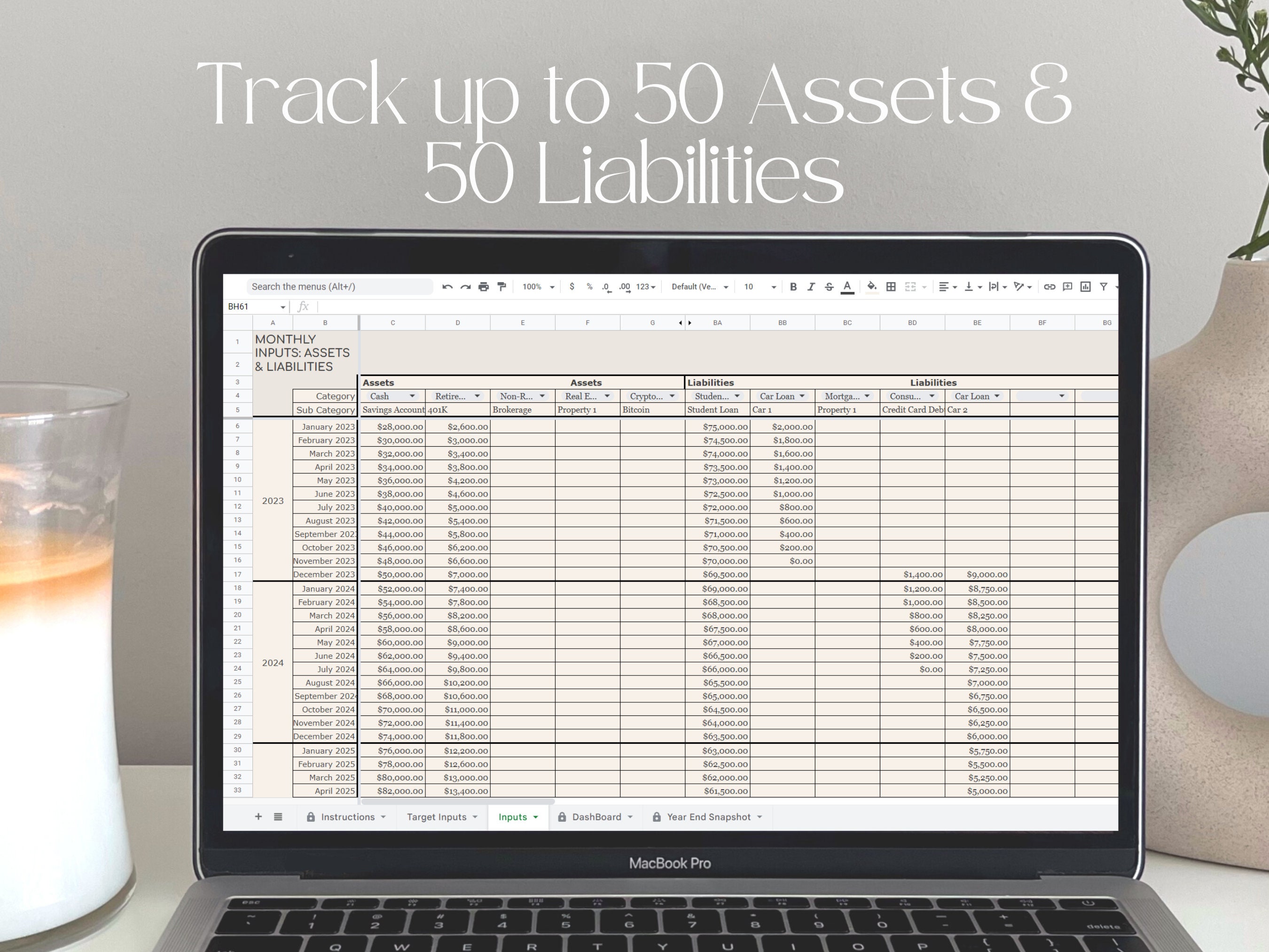 Multi Year Net Worth Tracker Spreadsheet for Google Sheets, Personal ...