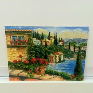 Mediterranean Coastal Village Oil Painting – Original Hand-Painted Seascape