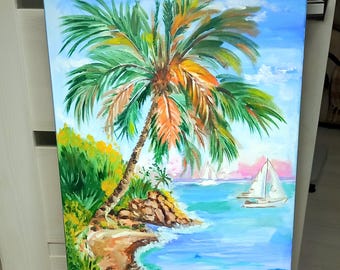 Pintura de paisaje marino tropical: palmeras, veleros y arte costero