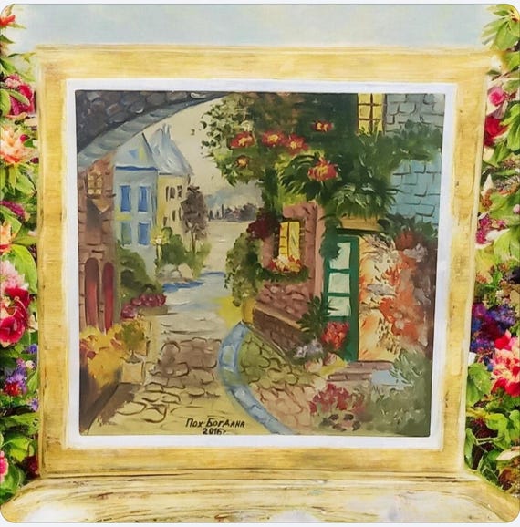 オリジナル油絵 - ヨーロッパのコテージ街の風景、手描きアート - Etsy
