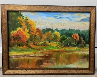 Autumn River Landscape Oil Painting – Original Art with Golden Frame