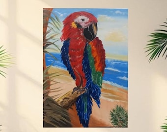 赤いオウムのオリジナル油絵、ジャングルコンゴウインコの肖像画、額