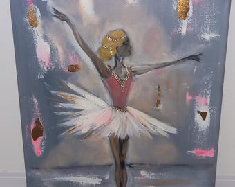 Original Ballerina Oil Painting: Pink and Gold Ballet Dancer Artwork