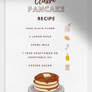 May include: A white recipe card with the title "Classic Pancake Recipe" in brown text. The ingredients include flour, eggs, milk, oil, and caster sugar. A stack of pancakes with syrup and butter is at the bottom.