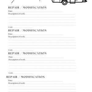 May include: A printable camper repair list with a black and white illustration of a camper van. The list has sections for date, description of work, and cost.