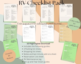 Complete RV Camper Printable Checklist Set Packing List, Shopping List, Reservations, Set up & Departure Guides, Repair / Reno Logs Renters!