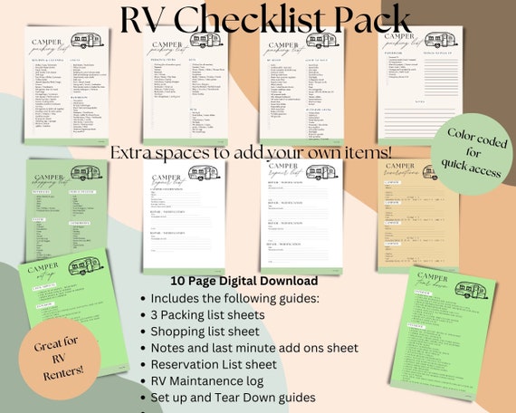 Complete RV Camper Printable Checklist Set Packing List, Shopping List, Reservations, Set up & Departure Guides, Repair / Reno Logs Renters!