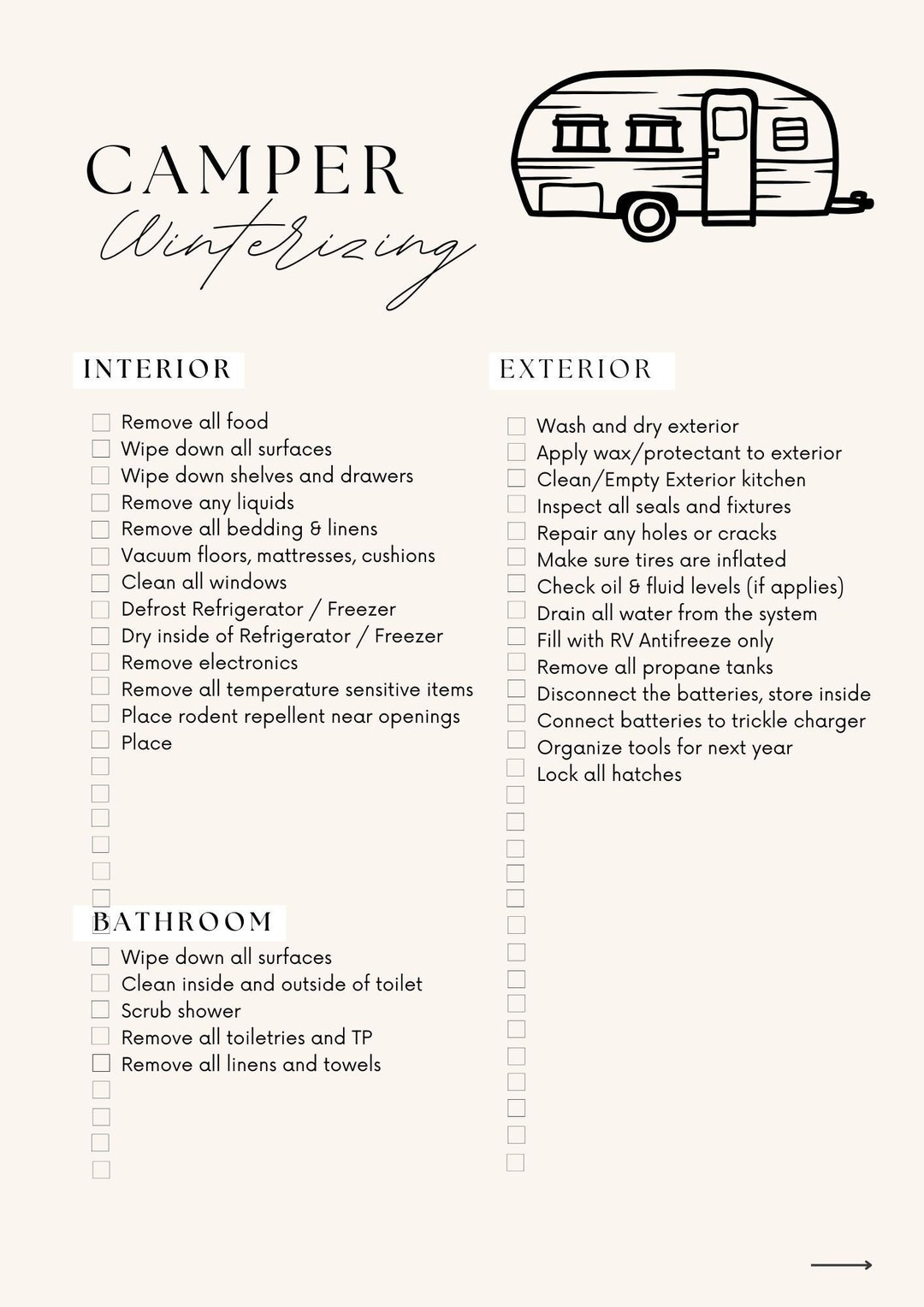 Complete RV Winterizing Checklist Downloadable PDF (Instant Download