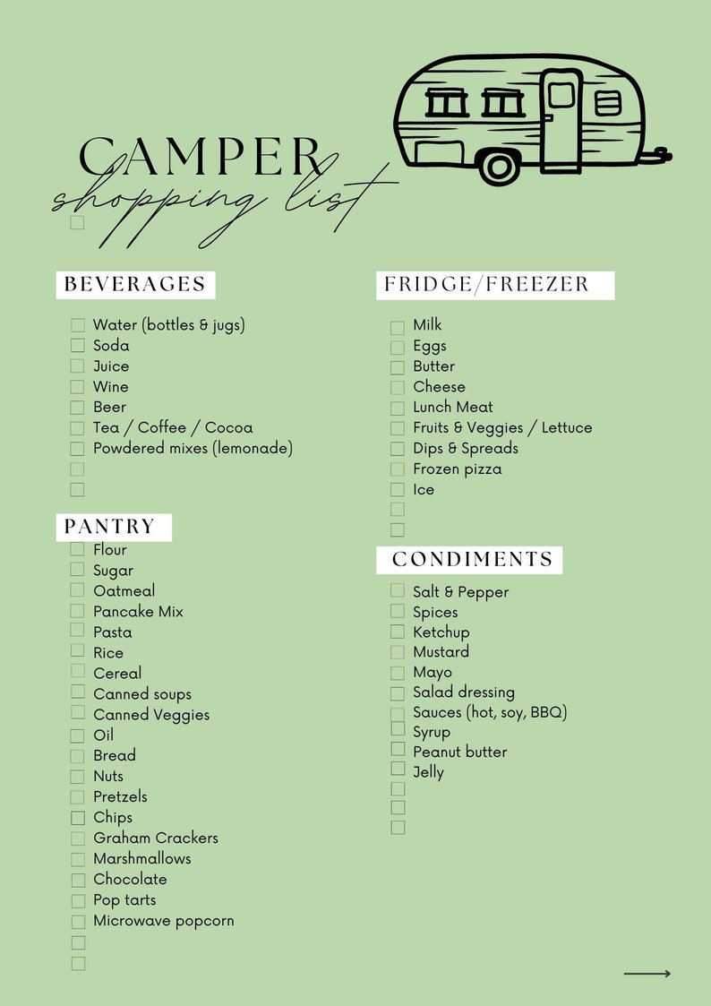 Complete RV Camper Printable Checklist Set Packing List, Shopping List
