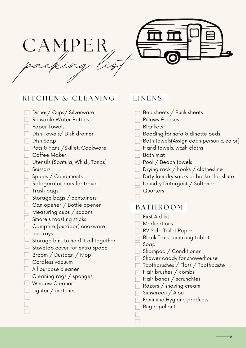 Complete RV Camper Printable Checklist Set Packing List, Shopping List