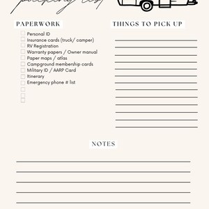 May include: A black and white printable checklist for camping trips. The checklist is titled "CAMPER packing list" and includes sections for "PAPERWORK" and "THINGS TO PICK UP". A hand-drawn illustration of a camper van is in the top right corner.