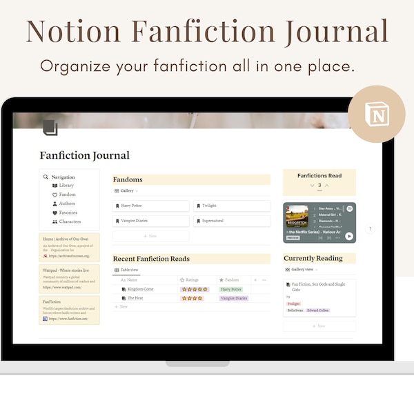 Modèle de journal de fanfiction pour notion, modèle de lecteur de notion, modèle de fanfic, modèle de planificateur de fandom pour notion, modèles de notion de fandom