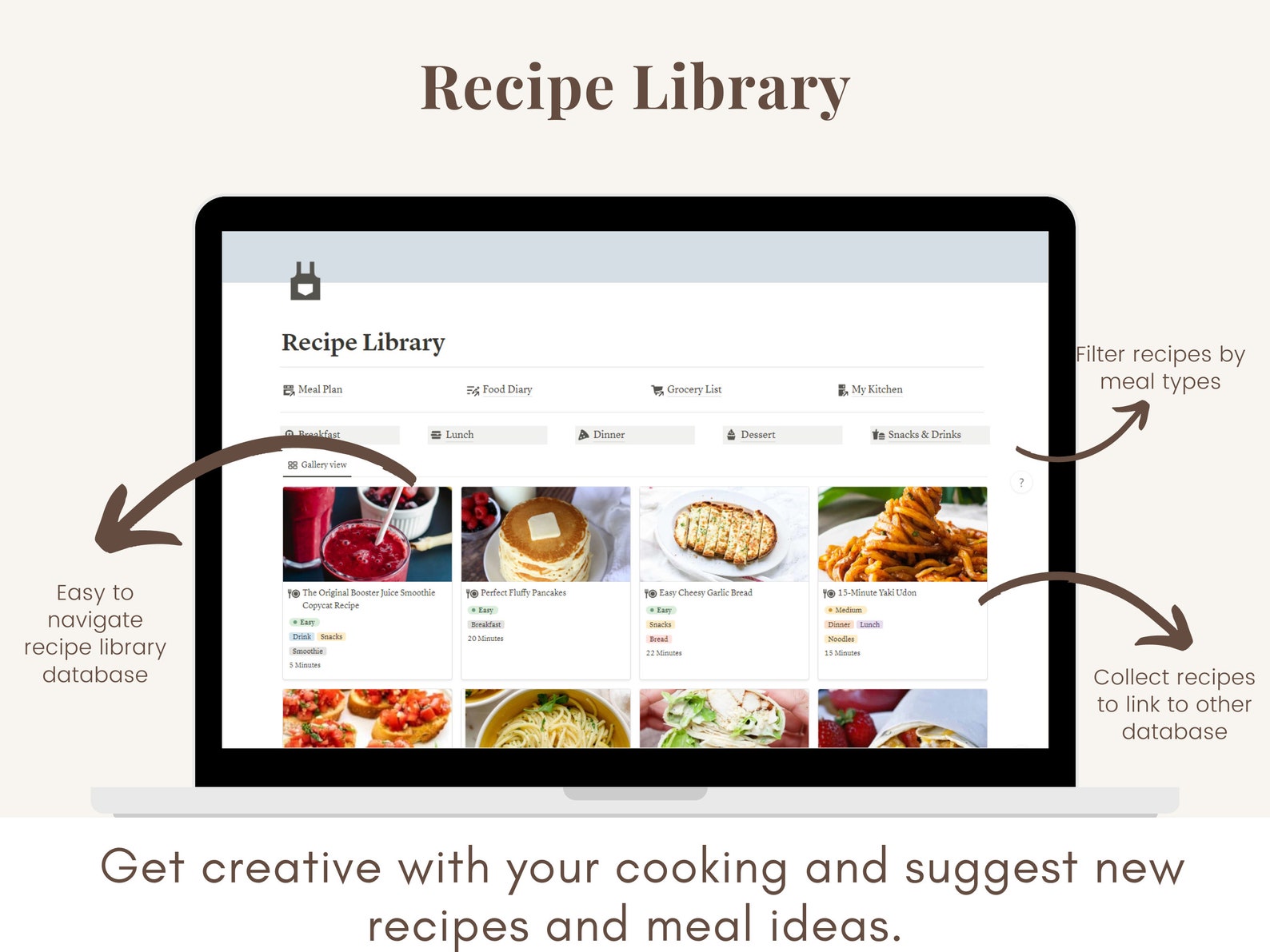 Notion Meal Plan Template, Notion Digital Nutrition, Notion Recipe Book