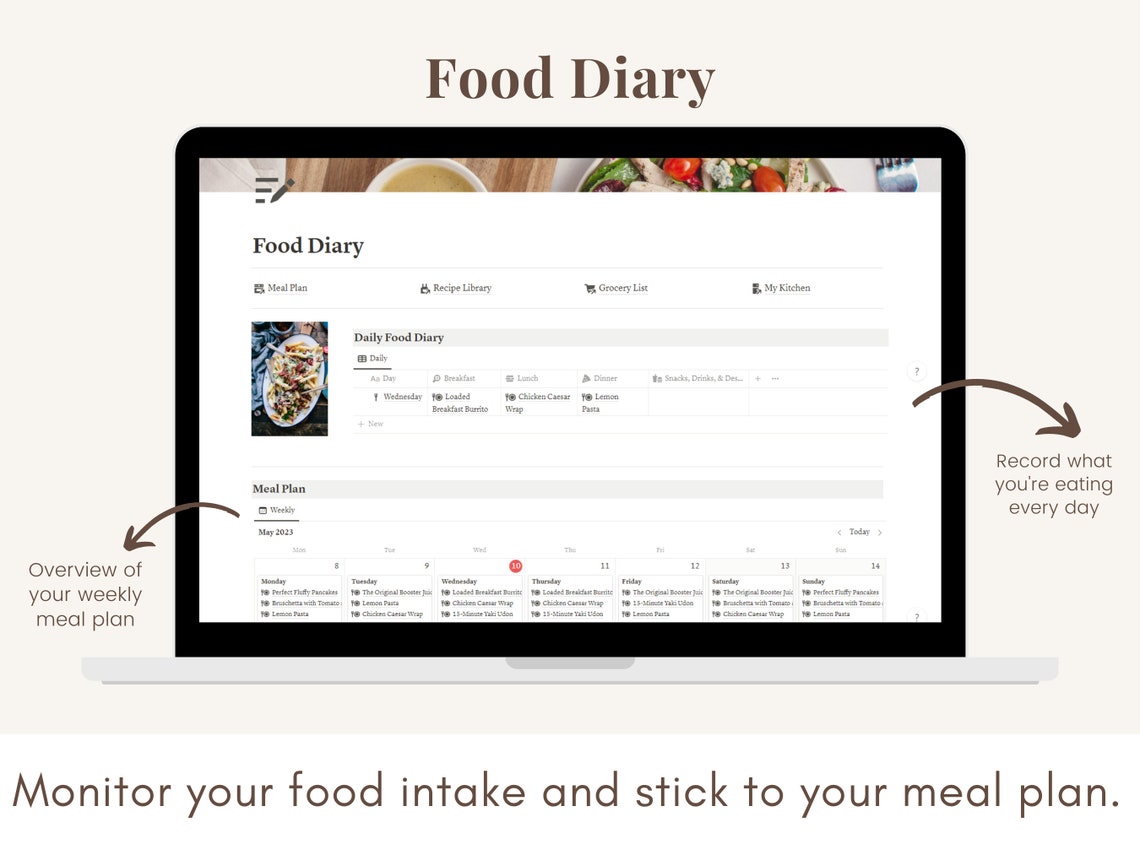 Notion Meal Plan Template, Notion Digital Nutrition, Notion Recipe Book