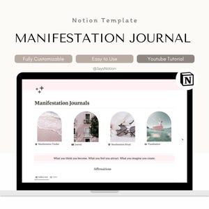 Op de afbeelding: Een laptopscherm dat een Notion-sjabloon voor een manifestatiejournaal weergeeft. De sjabloon heeft een roze achtergrond met een wit tekstvak waarin staat "Wat je denkt te worden. Wat je voelt, trek je aan. Wat je je voorstelt, creëer je." De sjabloon heeft ook vier secties: Manifestatie Tracker, Journal, Manifestatie Ritueel en Visualisatie. Elke sectie heeft een ander beeld.