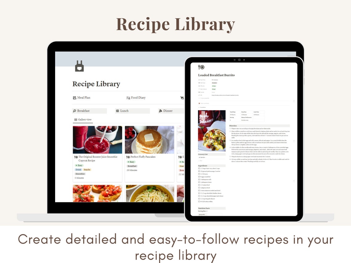 Notion Meal Plan Template, Notion Digital Nutrition, Notion Recipe Book
