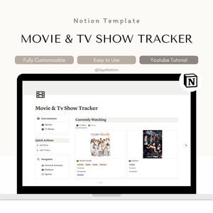 Puede incluir: Una pantalla de computadora portátil que muestra una plantilla de Notion para realizar un seguimiento de películas y programas de televisión. La plantilla incluye secciones para "Actualmente viendo", "Acciones rápidas" y "Navegación". La plantilla se titula "Seguimiento de películas y programas de televisión".