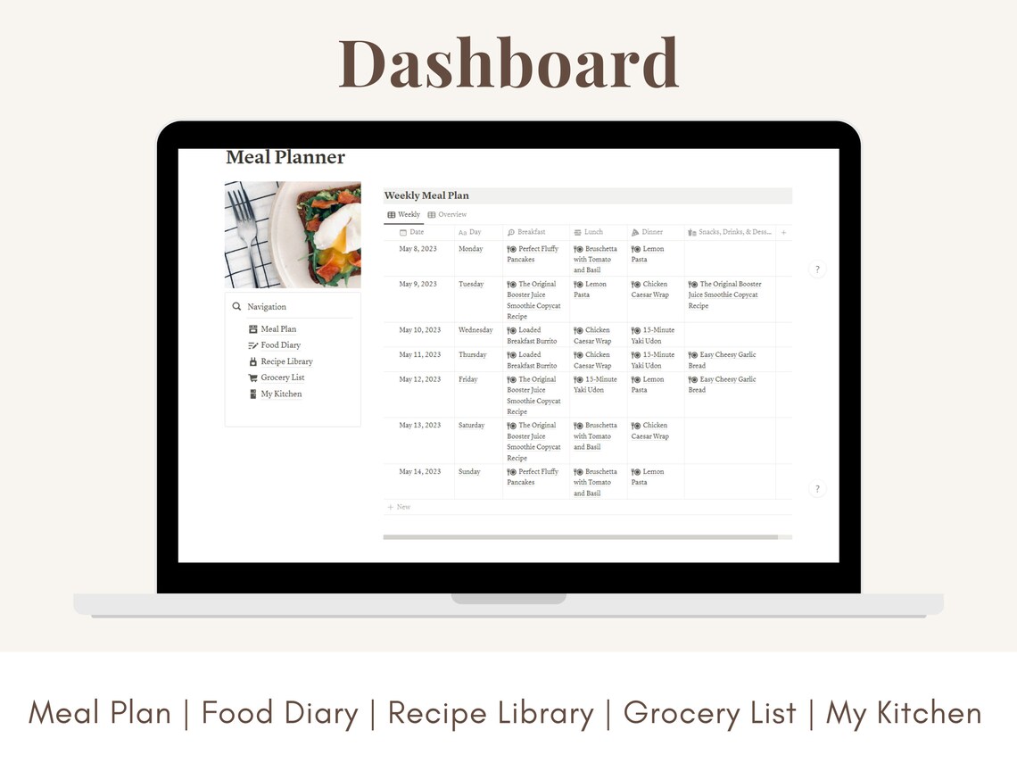 Notion Meal Plan Template, Notion Digital Nutrition, Notion Recipe Book
