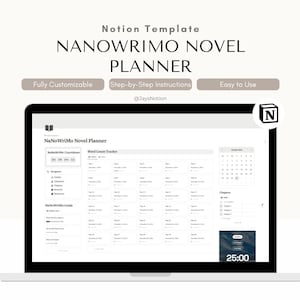 Könnte beinhalten: Ein Laptop-Bildschirm zeigt eine Notion-Vorlage mit dem Titel "NaNoWriMo Novel Planner". Der Bildschirm zeigt eine Planer-Oberfläche mit Abschnitten für Countdown, Wortanzahl und einen Kalender. Die Vorlage wird als "Vollständig anpassbar", "Schritt-für-Schritt-Anleitung" und "Einfach zu bedienen" beschrieben.
