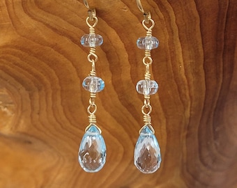 Sky Blue Topaz Faceted Teardrop Briolettes & Rondelles 14k Gold Filled Handcrafted Gemstone Dangle Earrings Bridal Wedding Handmade Jewelry