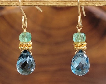 London Blue Topaz Faceted Briolettes & Light Green Emerald Rondelles 14k Gold Filled Handcrafted Gemstone Petite Dangle Earrings Handmade