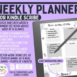 May include: A black and white weekly planner for Kindle Scribe, with a date of May 21-27, showing Monday, Tuesday, Wednesday, Thursday, and Weekend. The planner has a section for easy navigation links and a home button.