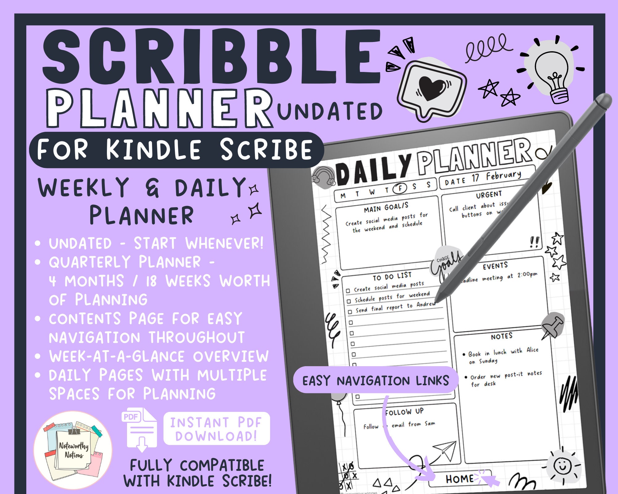 Kindle Scribe Scribble Planner Weekly & Daily Planner Quarterly Planner - 18 Weeks Digital Template Instant Download PDF Undated Planner