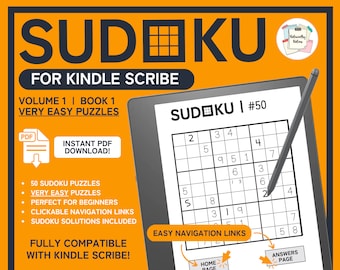 Könnte beinhalten: Ein digitales Tablet zeigt ein Sudoku-Rätsel mit dem Titel "Sudoku #50". Das Rätsel ist ein 9x9-Raster mit Zahlen von 1 bis 9 in einigen der Quadrate. Das Tablet befindet sich auf einem gelben Hintergrund mit dem Text "Sudoku für Kindle Scribe" und "Band 1 | Buch 1 Sehr einfache Rätsel".