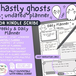 May include: A digital planner with a ghost theme for Kindle Scribe. The planner is undated and includes weekly and daily pages with space for planning. The planner is compatible with Kindle Scribe.