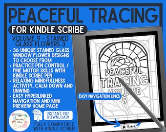Kindle Scribe Peaceful Tracing Book Volume 9 - Stained Glass Flowers 3 Instant Download PDF Clickable Link Scribe Mindfulness Pen Trace Book
