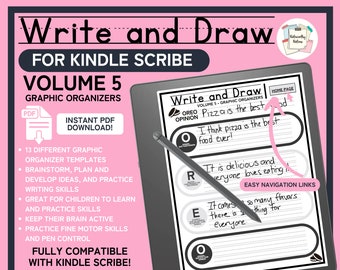 Könnte beinhalten: Ein rosa-weißer digitaler Grafik-Organizer für Kindle Scribe mit dem Titel "Schreiben und Zeichnen" und dem Untertitel "Band 5: Grafik-Organizer". Der Grafik-Organizer zeigt eine schwarz-weiße Grafik einer Pizza mit dem Text "Pizza ist das beste Essen" und "Ich finde Pizza ist das beste Essen überhaupt!" Der Grafik-Organizer enthält auch einen Abschnitt für "Gründe" und "Beispiele".