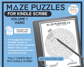 Può includere: Un puzzle di labirinto in bianco e nero su un e-reader Kindle Scribe. Il puzzle è etichettato "Maze Puzzles #15, Volume 1 Hard". L'immagine mostra anche uno stilo e il testo "Easy Navigation Links" e "Home Page" e "Answers Page".