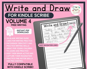 Könnte beinhalten: Ein rosa-weißes digitales Download-Produktcover für ein Kindle Scribe Schreib- und Zeichen-Arbeitsbuch. Das Cover zeigt den Titel "Write and Draw" in einer schwarz-weißen Schriftart, mit dem Untertitel "FOR KINDLE SCRIBE" in einer kleineren schwarzen Schriftart. Das Cover enthält auch den Text "VOLUME 4" in einer großen schwarzen Schriftart und den Text "FREE WRITING" in einer kleineren schwarzen Schriftart. Das Cover enthält außerdem ein Schwarzweißbild eines Kindle Scribe mit einem Stift und den Text "INSTANT PDF DOWNLOAD!" in einer schwarzen Schriftart.