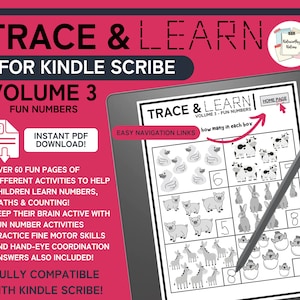 Puede incluir: Una tableta digital en blanco y negro que muestra una hoja de trabajo con un título que dice "TRACE & LEARN VOLUME 3 - FUN NUMBERS". La hoja de trabajo tiene una sección titulada "EASY NAVIGATION LINKS" y otra sección titulada "how many in each box". La hoja de trabajo contiene imágenes de patos, vacas, cerdos, conejos, burros y pollitos. La hoja de trabajo está diseñada para que los niños practiquen el conteo y las habilidades motoras finas.