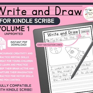 May include: A black and white printable worksheet for Kindle Scribe. The worksheet is titled "Write and Draw" and features a drawing of a rocket ship and the moon. The text "My trip to the moon" is written on the worksheet.