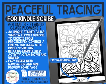 Kindle Scribe Peaceful Tracing Book Volume 8 - Stained Glass Flowers 2 Instant Download PDF Clickable Link Scribe Mindfulness Pen Trace Book