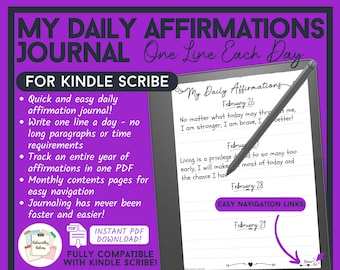 May include: Purple and white digital journal cover with the text "My Daily Affirmations Journal One Line Each Day" and "For Kindle Scribe". The journal is designed for daily affirmations and includes easy navigation links.