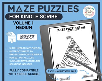 Può includere: Un puzzle di labirinto in bianco e nero su un e-reader Kindle Scribe. Il puzzle ha la forma di un triangolo e ha un punto di partenza e un punto di arrivo. Il testo "MAZE PUZZLES #15 VOLUME 1 MEDIUM" è nella parte superiore dello schermo. Il testo "EASY NAVIGATION LINKS" è nella parte inferiore dello schermo.