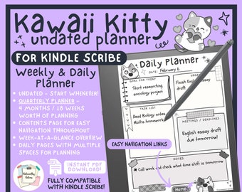 Kindle Scribe Kawaii Kitty Undated Planner | Weekly & Daily Planner | Quarterly Planner - 18 Weeks | Digital Template Instant Download PDF