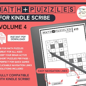 May include: A pink and white digital reader with a black stylus on the screen. The screen displays a math puzzle with the text "MATH+PUZZLES #19 VOLUME 4". The reader is surrounded by a pink background with the text "MATH+PUZZLES FOR KINDLE SCRIBE VOLUME 4" in white.