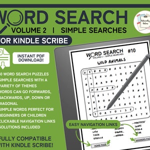 May include: A black and white word search puzzle for Kindle Scribe with the title "Wild Animals" and a list of animals to find, including zebra, bear, panda, lion, tiger, gorilla, monkey, tortoise, snake, koala, and deer. The puzzle is numbered #10 and is part of Volume 2: Simple Searches.