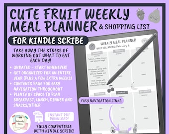 Kindle Scribe Cute Fruit Weekly Meal Planner & Shopping List | Undated Meal Tracking | Hyperlinked Digital Template | Instant Download PDF