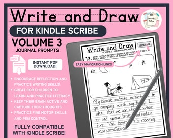 Könnte beinhalten: Ein rosa-weißer digitaler Download für Kindle Scribe mit dem Titel "Schreiben und Zeichnen: Band 3 - Tagebuch-Anregungen". Das Bild zeigt eine digitale Tagebuchseite mit einer Zeichnung einer Person beim Campen und dem Text "Meine Lieblingsaktivität im Freien ist es, mit meiner Familie campen zu gehen. Ich mag es, dass wir uns aussuchen können, wo wir unsere Zelte aufstellen und ein Feuer machen. Das Beste ist, Marshmallows zu rösten."
