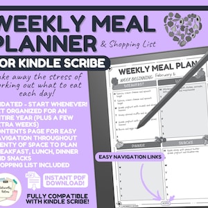May include: A digital planner for Kindle Scribe, with a purple background and a heart-shaped graphic of various fruits and vegetables. The planner is titled "Weekly Meal Planner & Shopping List" and includes a weekly meal plan with sections for breakfast, lunch, dinner, and snacks. The planner is undated and includes a contents page for easy navigation.