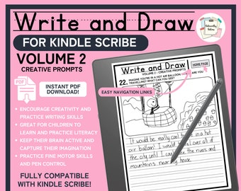 Könnte beinhalten: Eine Schwarzweißillustration eines Heißluftballons mit einer Person darin. Das Bild befindet sich auf einem Kindle Scribe-Bildschirm mit dem Text "Write and Draw" und "Volume 2 - Creative Prompts" oben. Der Text "22. Imagine you're in a hot air balloon... What can you see?" befindet sich unter dem Bild. Der Text "It would be really cool to travel in a hot air balloon! I would travel over all of the city until I can see the rivers and mountains near my house." ist unter dem Bild geschrieben.