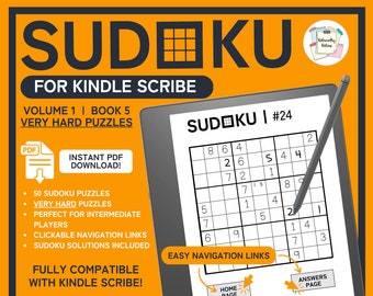 May include: A digital e-reader with a Sudoku puzzle on the screen. The puzzle is labeled "Sudoku #24" and is part of a book of very hard puzzles. The e-reader is compatible with Kindle Scribe and has clickable navigation links. The image also includes a PDF download icon.
