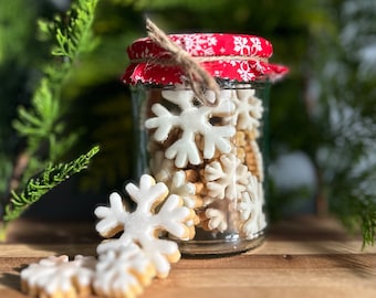Preorder - Christmas Snowflake Biscuits - Glittery Snowflake Biscuits in a Jar -  Christmas Cookies - Dairy Free, Vegan, Gluten Free option