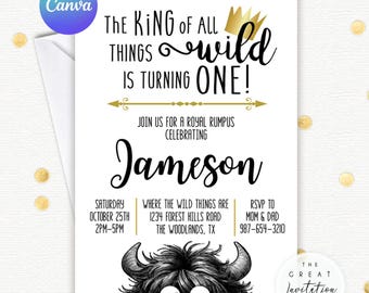 May include: White invitation card with black text that reads "The King of All Things Wild is Turning One!" and "Jameson." Includes a cartoon monster graphic and gold accents. The invitation also includes event details.