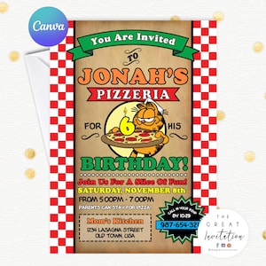 Puede incluir: Invitación de cumpleaños con Garfield sosteniendo una pizza. La invitación tiene un borde a cuadros rojo y blanco e incluye el texto "Jonah's Pizzeria" y "Join Us For A Slice Of Fun!"