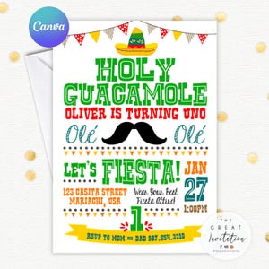 Editable Holy Guacamole First Birthday Invite, Turning UNO Birthday Fiesta, Turning ONE First Fiesta Party Invitation, Fiesta Template